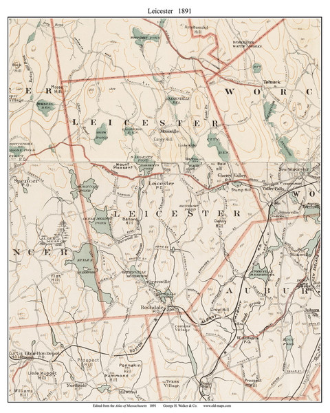 Leicester, 1891 - Old Town Map Reprint - Worcester Co. - 1891 Atlas of Massachusetts Leicester, 1891 - Old Town Map Reprint - Worcester Co. - 1891 Atlas of Massachusetts