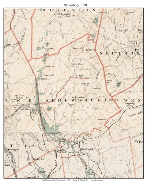 Shrewsbury, 1891 - Old Town Map Reprint - Worcester Co. - 1891 Atlas of Massachusetts Shrewsbury, 1891 - Old Town Map Reprint - Worcester Co. - 1891 Atlas of Massachusetts