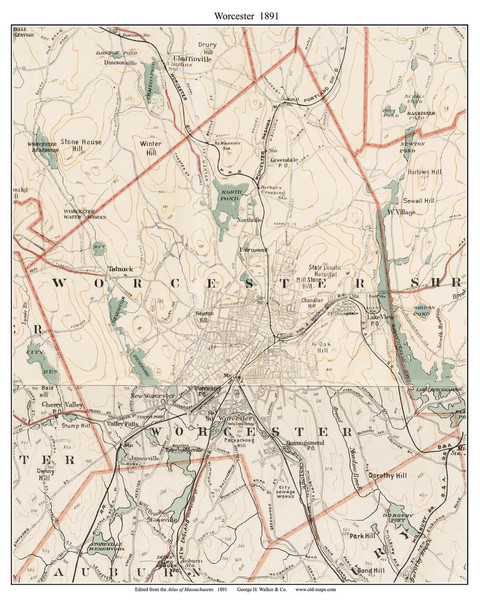 Worcester, 1891 - Old Town Map Reprint - Worcester Co. - 1891 Atlas of Massachusetts