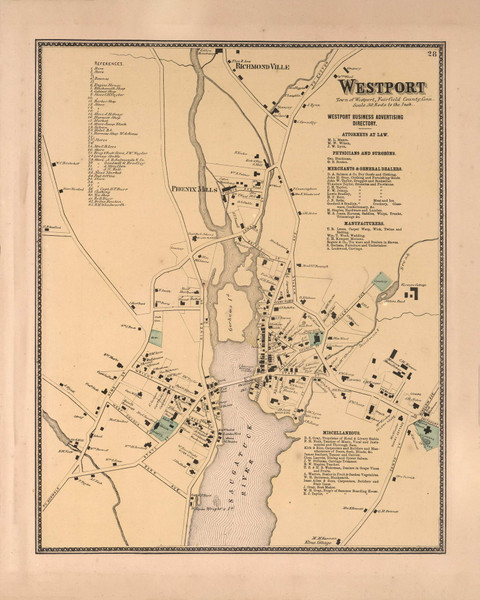 Westport Village, Connecticut 1867 - Fairfield Co. Old Town Map Reprint - NYC Vicinity Atlas 2609 32