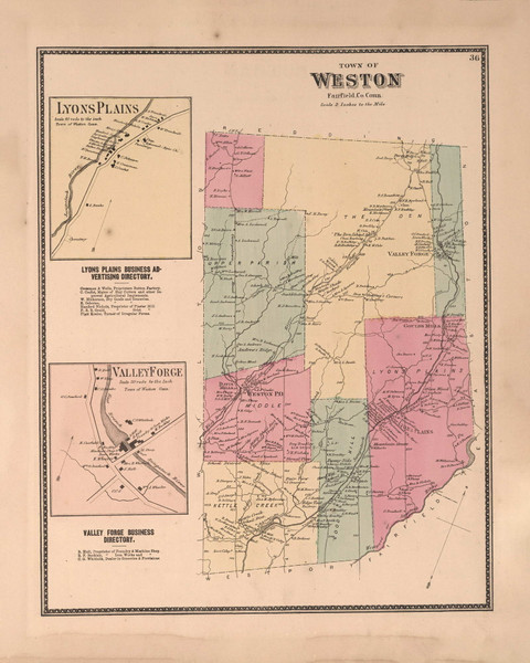 Weston Town and Lyons Plains & Valley Forge Villages, Connecticut 1867 - Fairfield Co. Old Town Map Reprint - NYC Vicinity Atlas 2609 42 Weston Town and Lyons Plains & Valley Forge Villages, Connecticut 1867 - Fairfield Co. Old Town Map Reprint - NYC Vicinity Atlas 2609 42