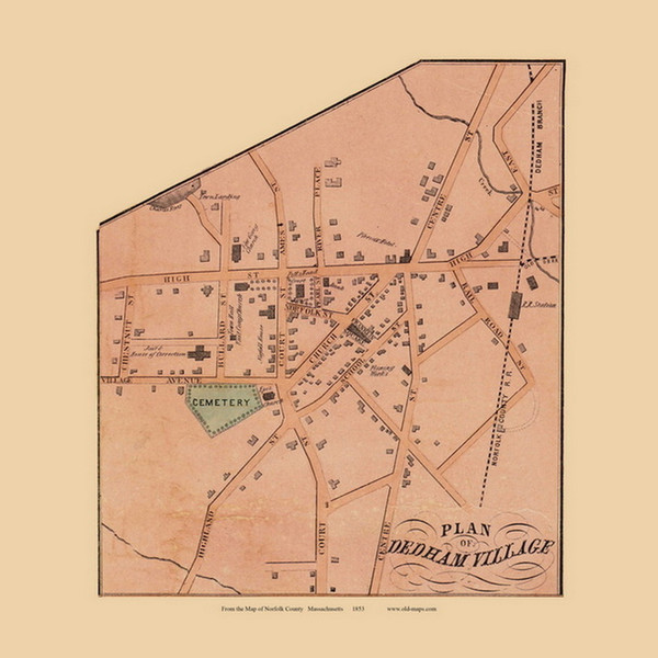 Dedham Village, Massachusetts 1853 Old Town Map Custom Print - Norfolk Co.