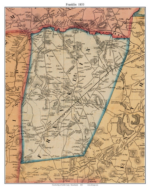 Franklin, Massachusetts 1853 Old Town Map Custom Print - Norfolk Co.