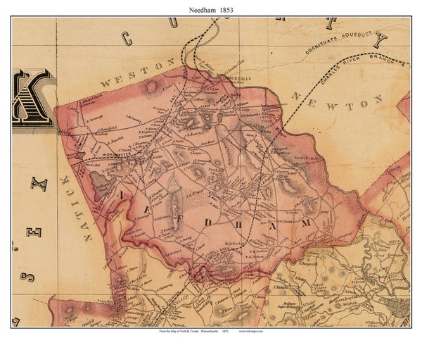 Needham, Massachusetts 1853 Old Town Map Custom Print - Norfolk Co.