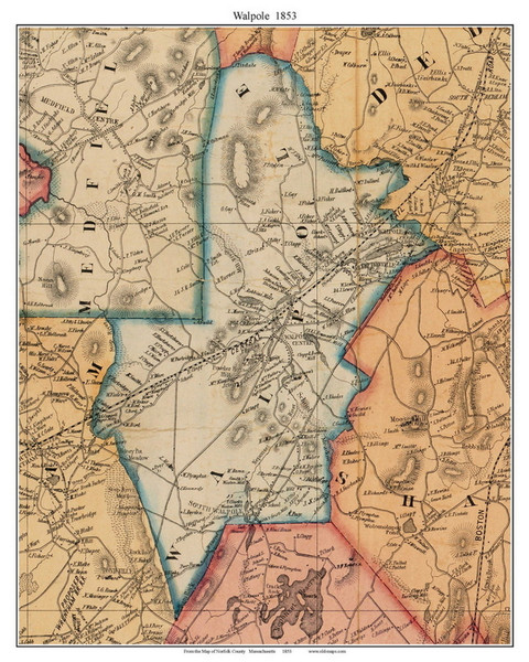 Walpole, Massachusetts 1853 Old Town Map Custom Print - Norfolk Co.