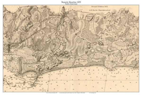 Westerly Shoreline 1855 - Rhode Island 80,000 Scale Custom Chart
