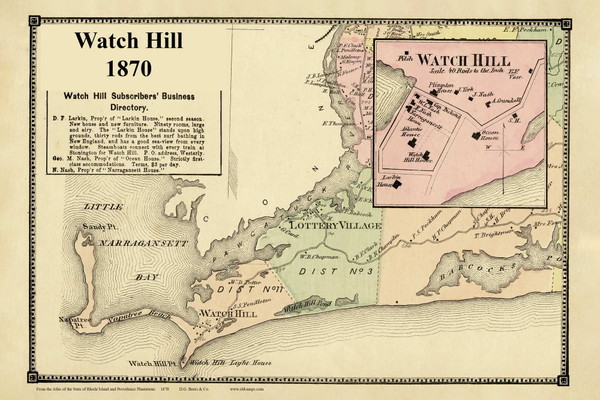 Watch Hill, Rhode Island 1870 - Old Town Map Custom Reprint