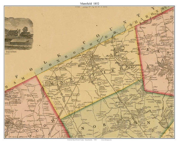 Mansfield Massachusetts 1852 Old Town Map Custom Print - Bristol Co.