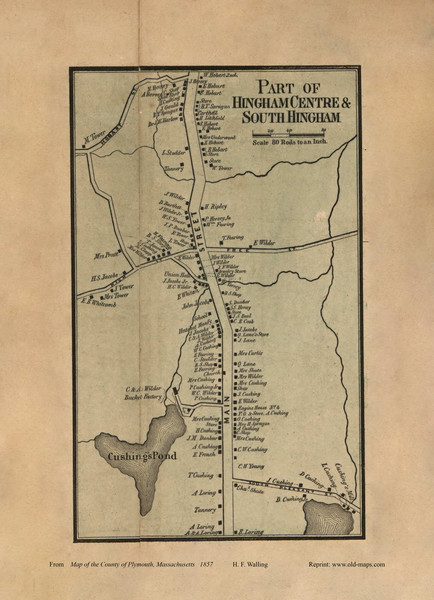Part of Hingham Cnter and South Hingham, Massachusetts 1857 Old Town Map Custom Print - Plymouth Co.