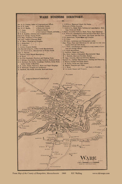 Ware Village (with Business Directory), Ware, Massachusetts 1860 Old Town Map Custom Print - Hampshire Co.