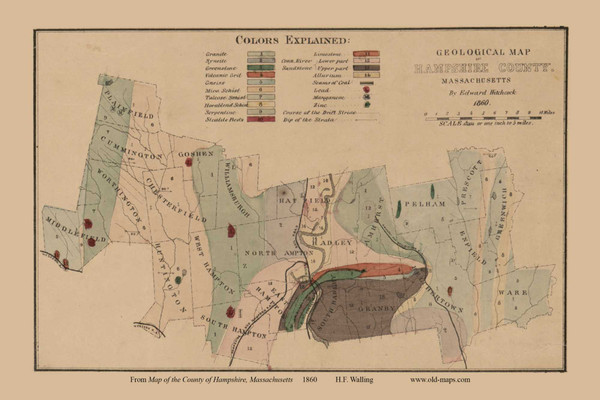 Geological Map of Hampshire County, Massachusetts 1860 Old Town Map Custom Print - Hampshire Co.
