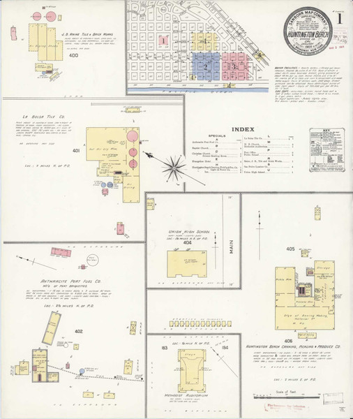 Los Angeles - Huntington Beach California 1909 - Fire Insurance Index - Old Map Reprint