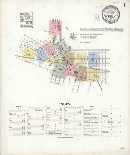 Redwood City California 1907 - Fire Insurance Index - Old Map Reprint