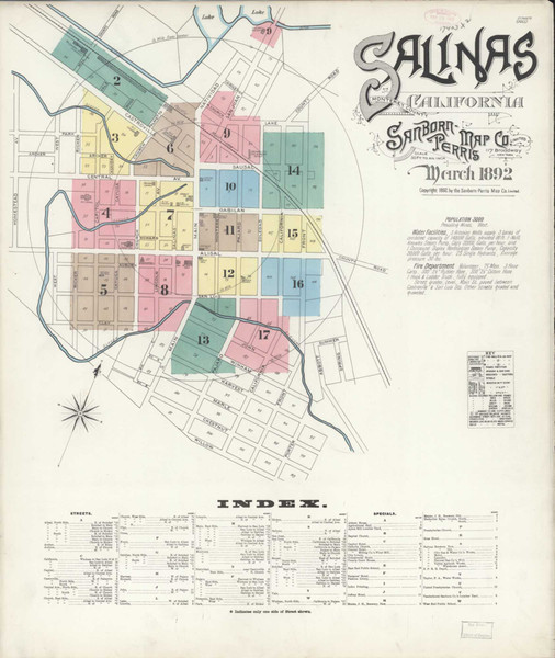 Salinas California 1892 - Fire Insurance Index - Old Map Reprint