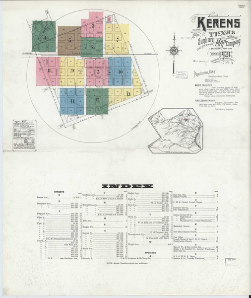 Kerens Texas 1921 - Fire Insurance Index - Old Map Reprint