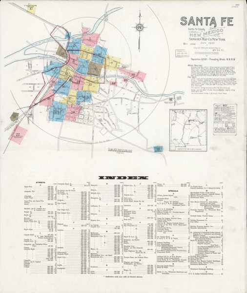 Santa Fe, New Mexico Fire Insurance 1930 Sheet 1 - Old Town Map Reprint Wild West