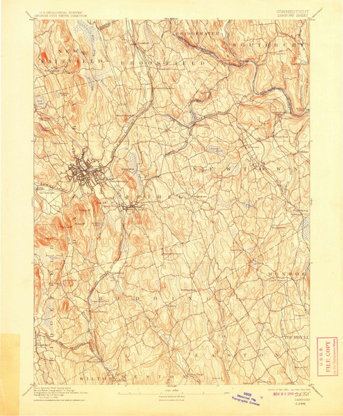 Danbury, CT 1892 (1908) USGS Old Topo Map Reprint 15x15 CT Quad 331004