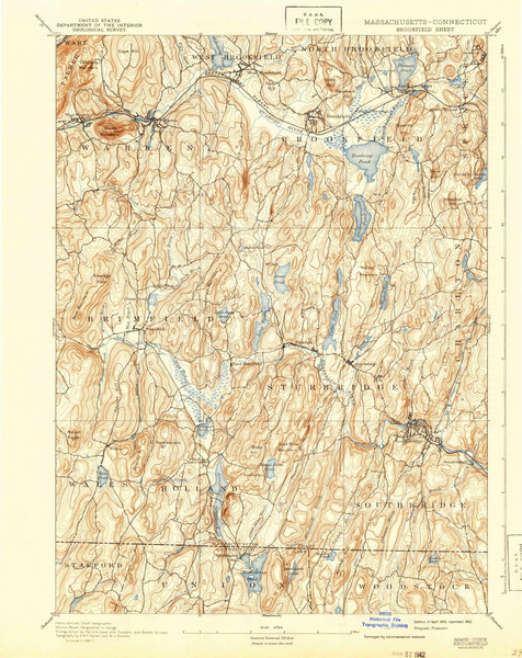 Brookfield, MA 1893 (1942) USGS Old Topo Map Reprint 15x15 MA Quad 352537