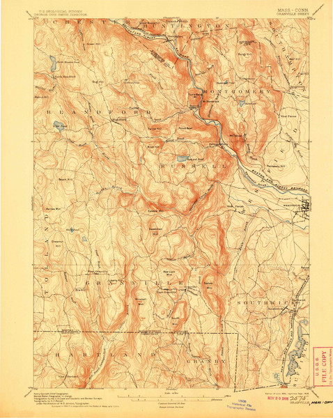 Granville, MA 1895 (1908) USGS Old Topo Map Reprint 15x15 MA Quad 352719