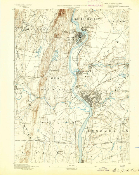 Springfield, Massachusetts 1893 (1893) USGS Old Topo Map Reprint 15x15 CT Quad 353037