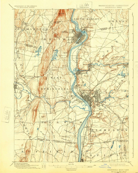 Springfield, Massachusetts 1895 (1924) USGS Old Topo Map Reprint 15x15 CT Quad 353045