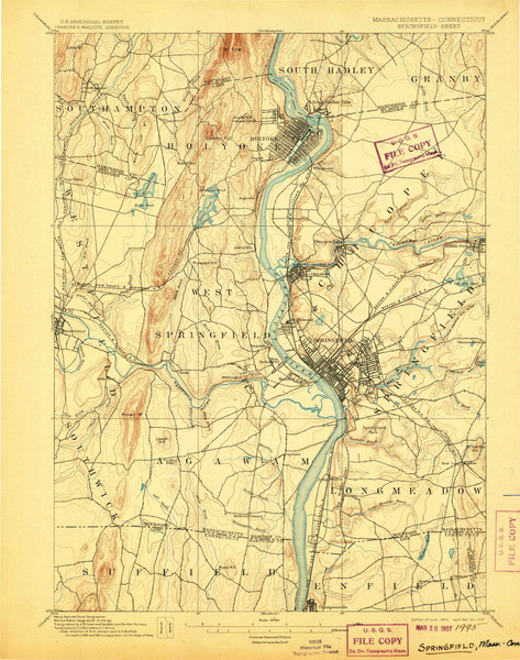 Springfield, MA 1895 (1907) USGS Old Topo Map Reprint 15x15 MA Quad 353056