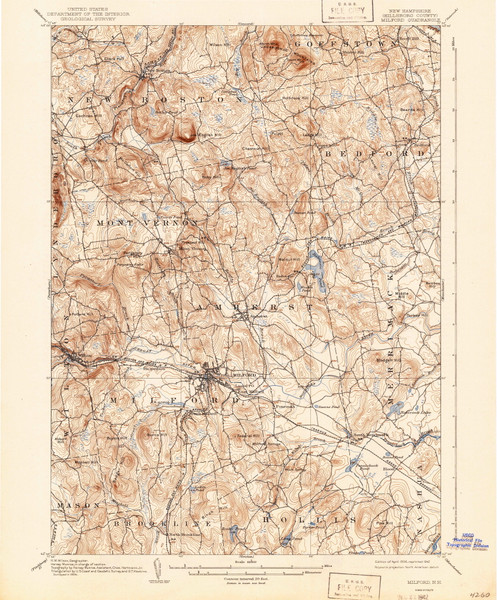 Milford, New Hampshire 1906 (1942) USGS Old Topo Map Reprint 15x15 NH Quad 330159