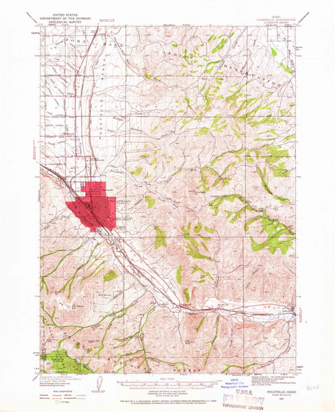 Pocatello, Idaho 1937 (1966) USGS Old Topo Map Reprint 15x15 ID Quad 239238 Pocatello, Idaho 1937 (1966) USGS Old Topo Map Reprint 15x15 ID Quad 239238