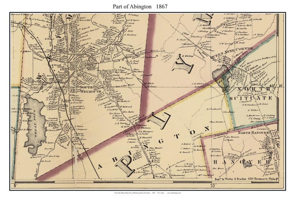 Abington, North Hanover, North Scituate, Queen Anne Corner Hingham, South Weymouth (partial) Massachusetts 1867 Old Town Map Custom Print - Boston Environs - Plymouth  Co.
