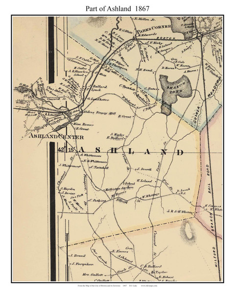 Ashland (partial) Massachusetts 1867 Old Town Map Custom Print - Boston Environs - Middlesex  Co.