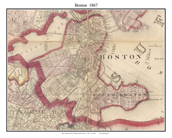 Boston (central and south parts only) Massachusetts 1867 Old Town Map Custom Print - Boston Vicinity - Suffolk  Co.