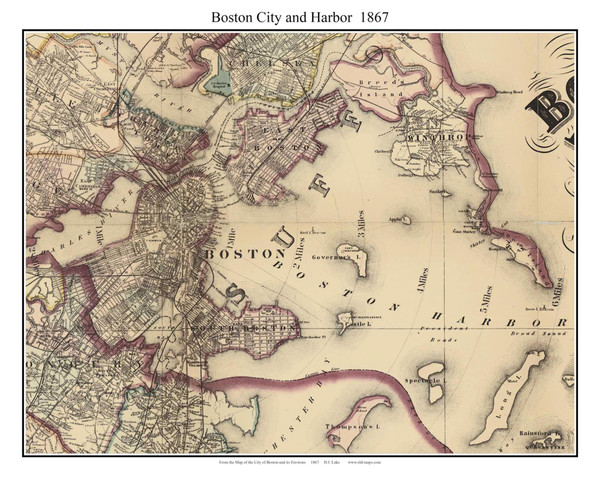 Boston City and Harbor Massachusetts 1867 Old Town Map Custom Print - Boston Environs - Suffolk  Co.