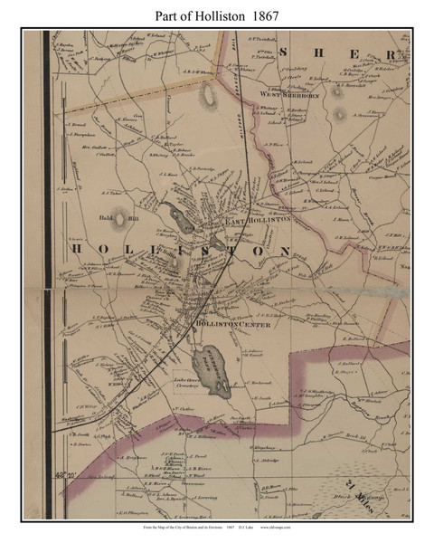 Holliston (partial) Massachusetts 1867 Old Town Map Custom Print - Boston Environs - Middlesex  Co.