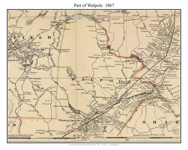 Walpole (partial) Massachusetts 1867 Old Town Map Custom Print - Boston Environs - Norfolk  Co.