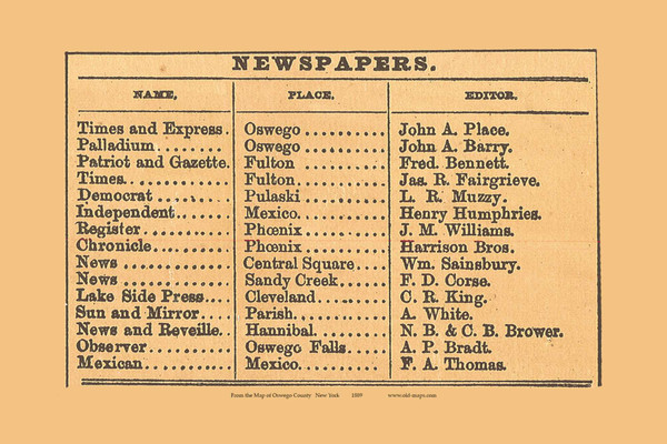 Newspapers, New York 1889 Old Town Map Custom Print - Oswego Co.