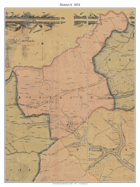 District 6 - Dinwiddie Co. Virginia 1854 Old Town Map Custom Print