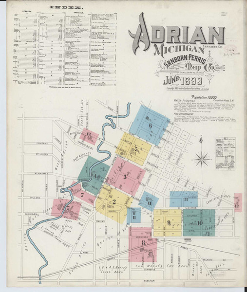 Adrian Michigan 1893 - Fire Insurance Index - Old Map Reprint