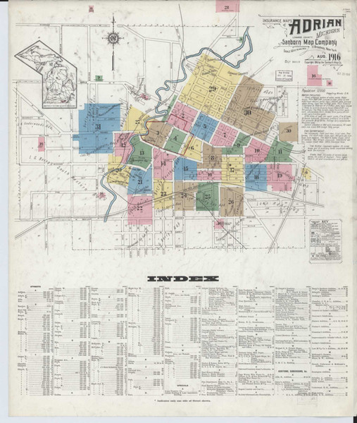 Adrian Michigan 1916 - Fire Insurance Index - Old Map Reprint