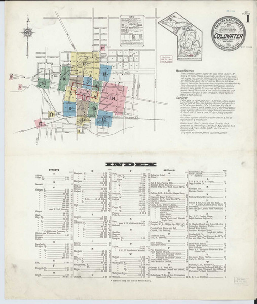 Coldwater Michigan 1914 - Fire Insurance Index - Old Map Reprint