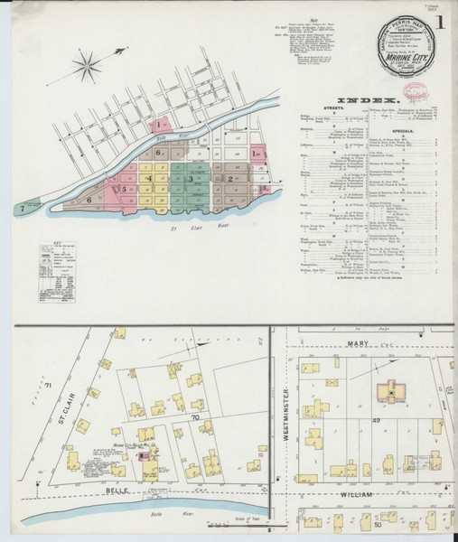 Marine City Michigan 1890 - Fire Insurance Index - Old Map Reprint
