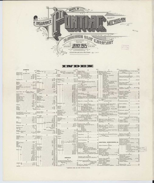 Pontiac Michigan 1915 - Fire Insurance Index - Old Map Reprint