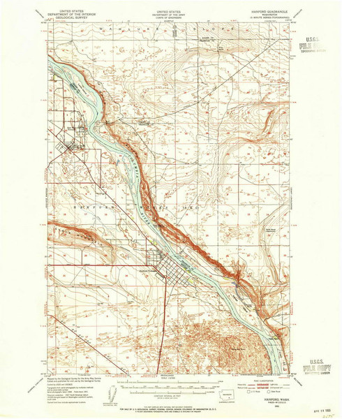 Hanford, Washington 1951 (1955) USGS Old Topo Map Reprint 15x15 WA Quad 241469