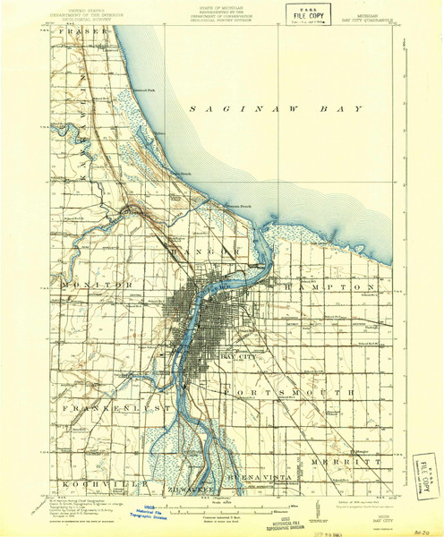 Bay City, Michigan 1919 (1943) USGS Old Topo Map Reprint 15x15 MI Quad 277989