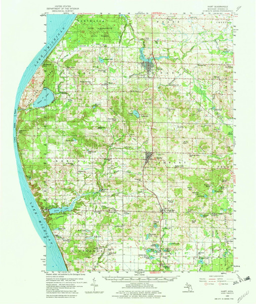 Hart, Michigan 1959 (1962) USGS Old Topo Map Reprint 15x15 MI Quad 278184