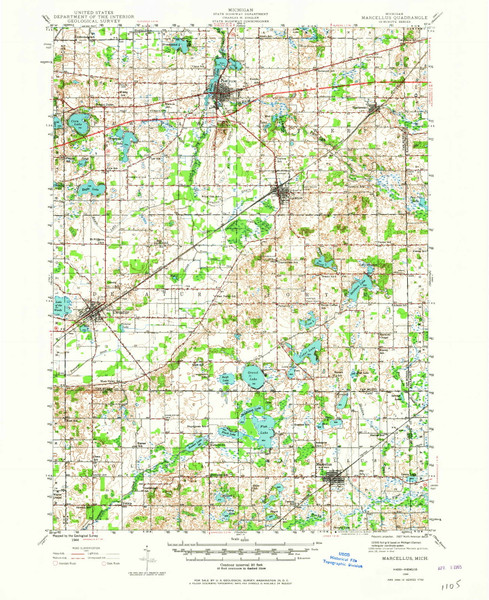 Marcellus, Michigan 1944 (1965) USGS Old Topo Map Reprint 15x15 MI Quad 278312
