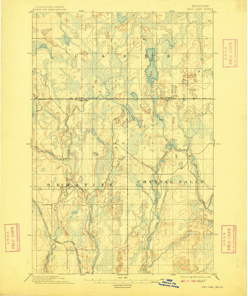Ned Lake, Michigan 1895 (1909) USGS Old Topo Map Reprint 15x15 MI Quad 278366