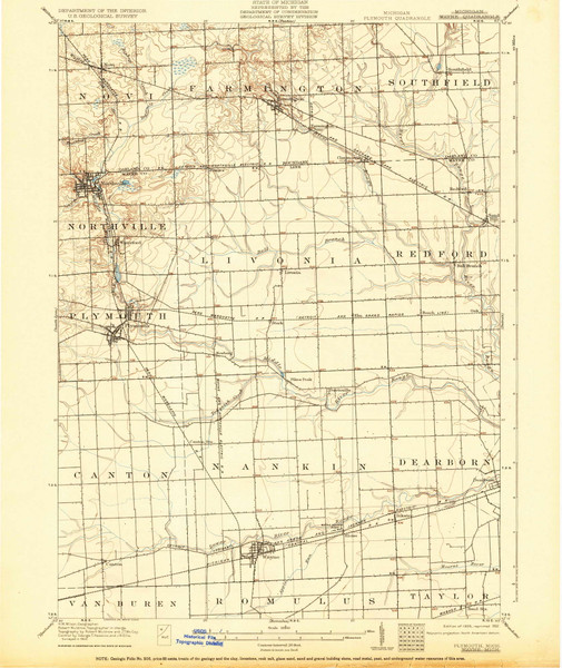 Plymouth, Michigan 1905 (1932) USGS Old Topo Map Reprint 15x15 MI Quad 278421