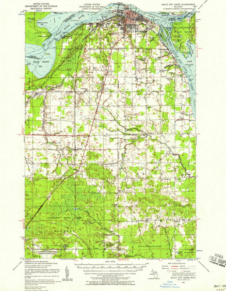 Sault Ste Marie, Michigan 1951 (1958) USGS Old Topo Map Reprint 15x15 MI Quad 278484