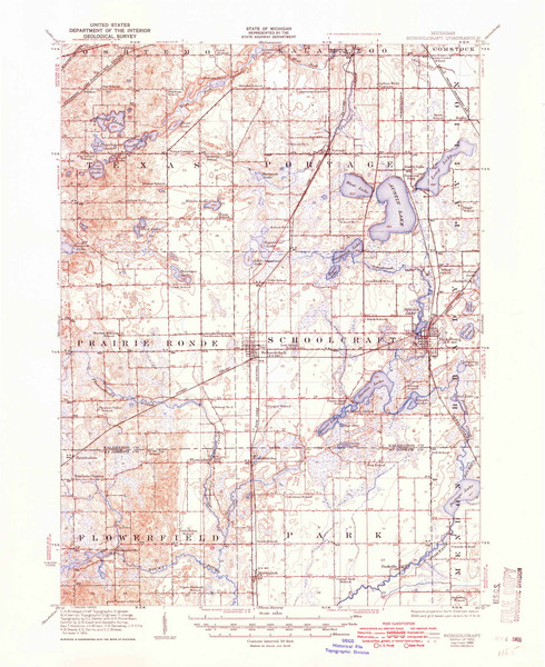 Schoolcraft, Michigan 1922 (1950) USGS Old Topo Map Reprint 15x15 MI Quad 278489