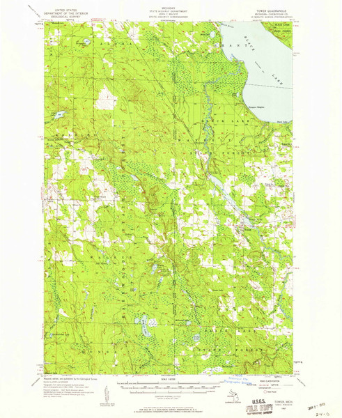 Tower, Michigan 1957 (1958) USGS Old Topo Map Reprint 15x15 MI Quad 278556